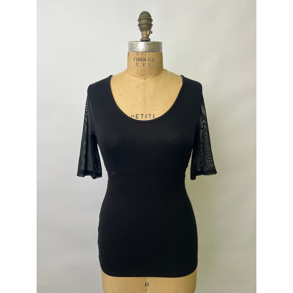 Guess Black Ribbed Mesh Sleeve Cut Out Scoop Neck Top W62P01K49P0 Small